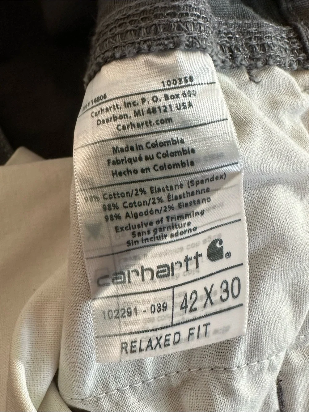 Carhartt Relaxed Fit Cargo Work Pants Gray Men’s Size 42x30 102291 - 039 Canvas